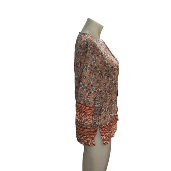 Lucy & Laurel Anthropologie Womens Boho Top Size Medium Orange/Blue Print Tassel - Picture 3 of 7